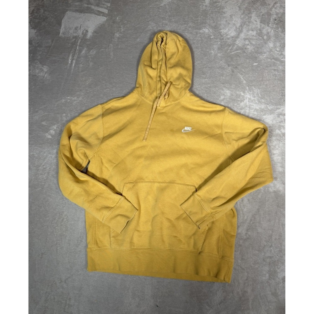 Nike Men's M Yellow Cotton Poly Fleece Pullover Hoodie Drawstring Pockets Logo